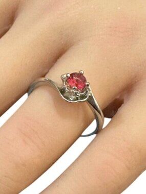 Vintage Ring Solitaire Silver Tone Red Center Prong Set Size 9 Womens Jewelry